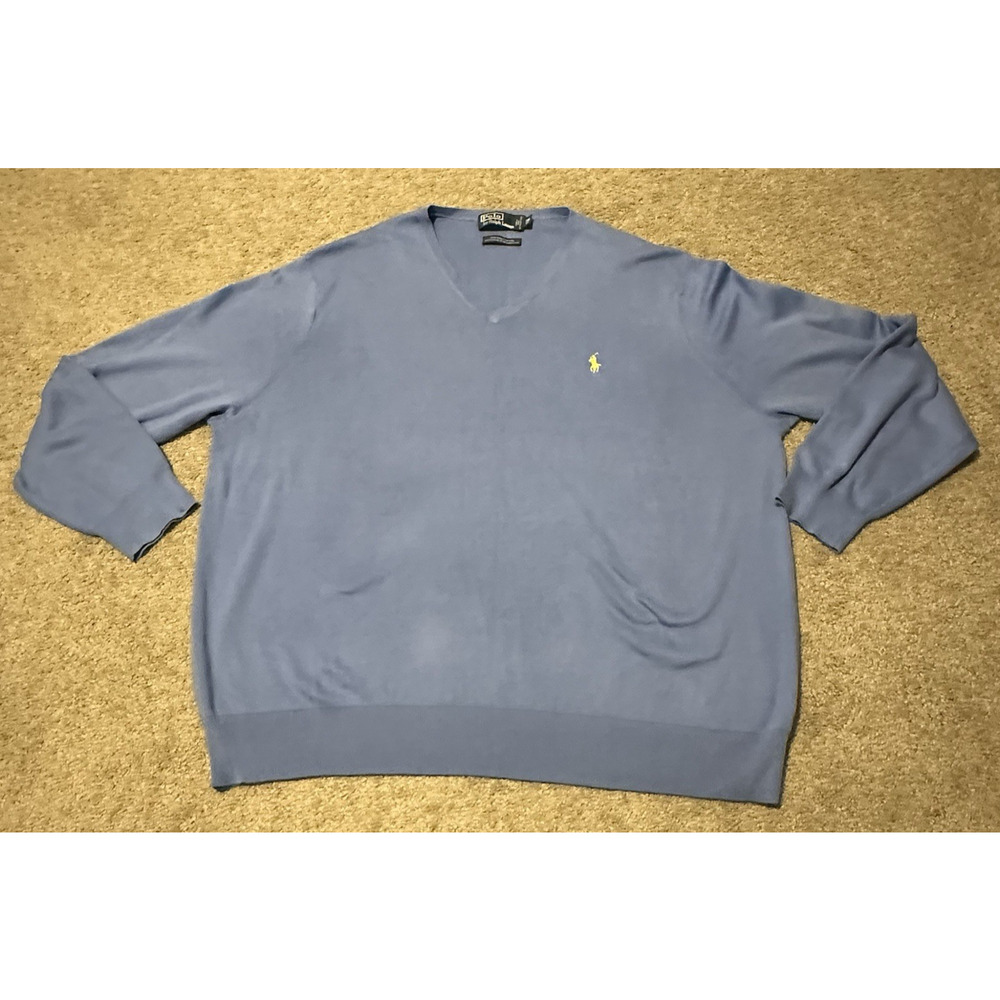 Polo Ralph‎ Lauren Blue 100% Pima Cotton V-Neck Sweater Mens 3XB Big & Tall